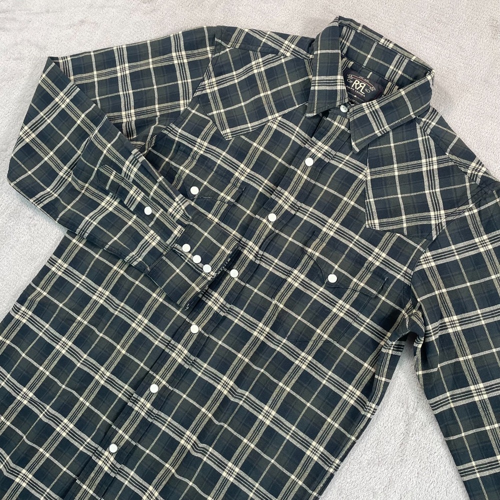 RRL Ralph Lauren Western Flannel Shirt Men Small Grey Plaid Snap Button Designer